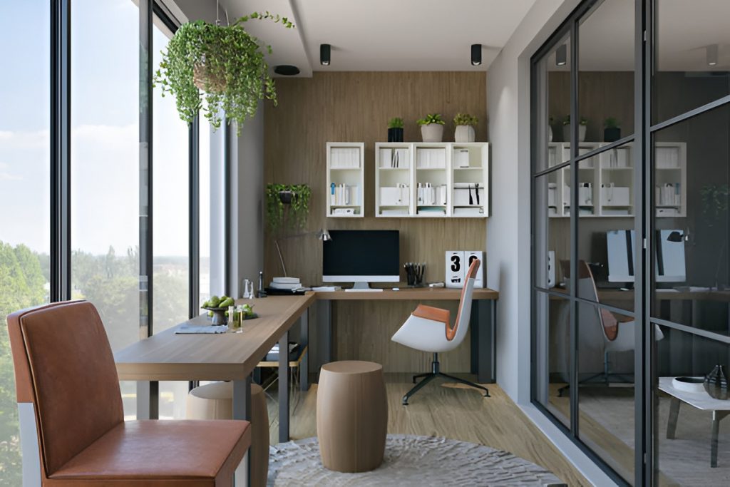 well-lit home office with large windows
