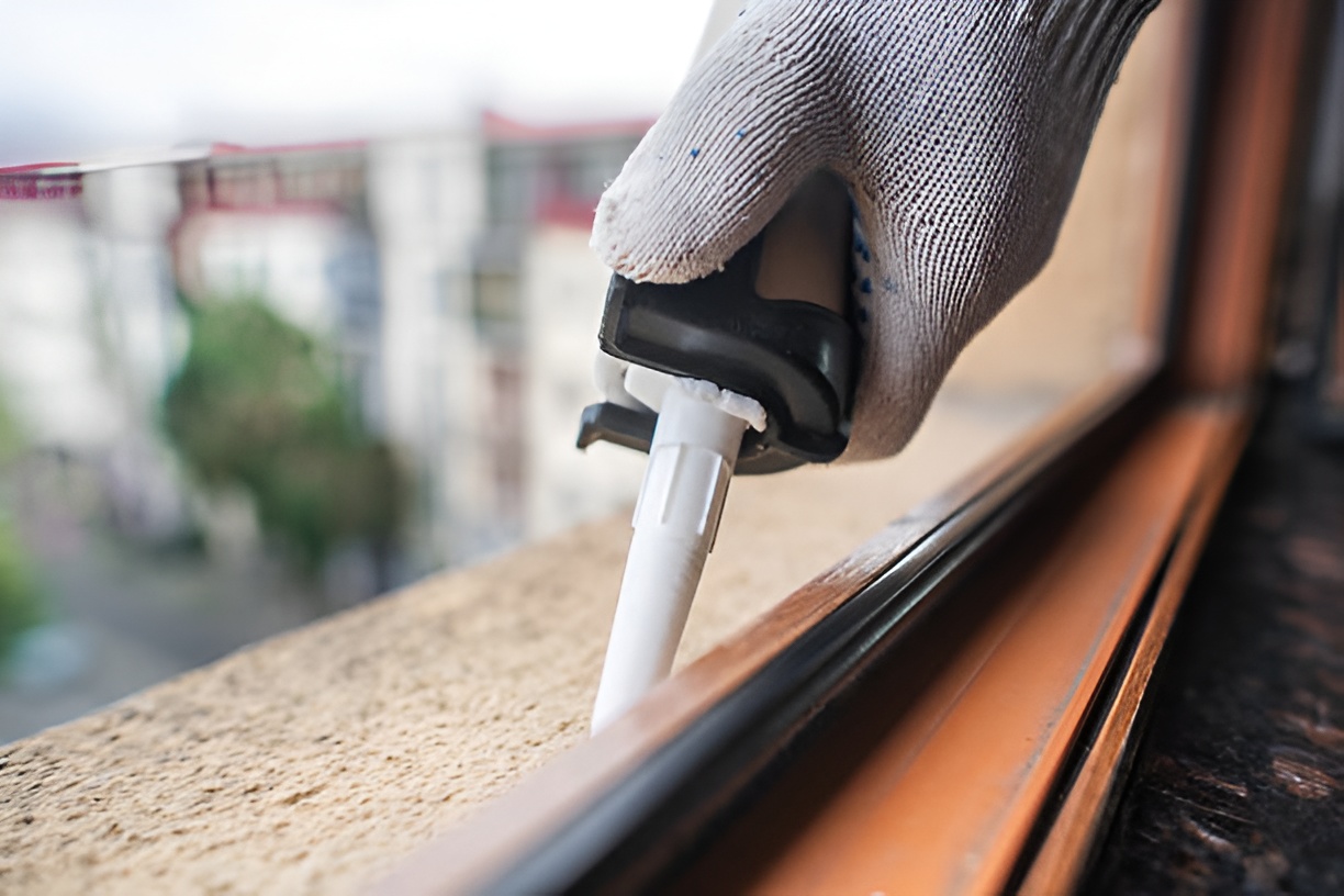 close-up of a gloved hand caulking a window